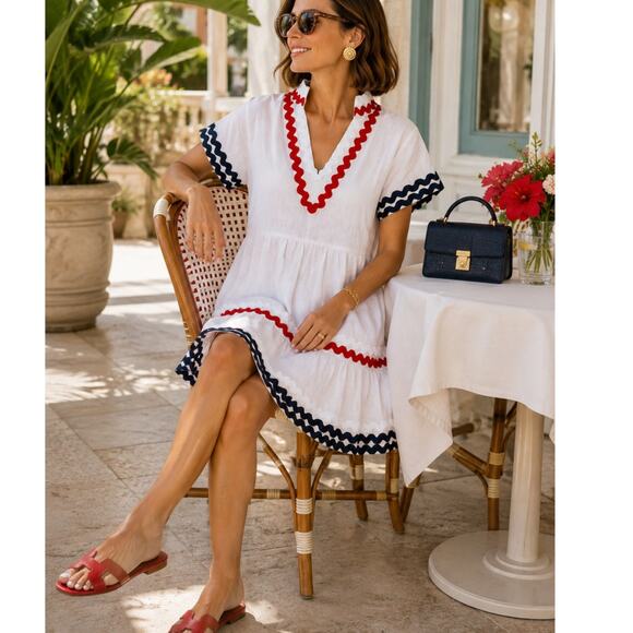 Sail to Sable Dresses & Skirts - Sail to Sable White Linen Ric Rac Trim Nautical Tiered Midi Dress L NWT